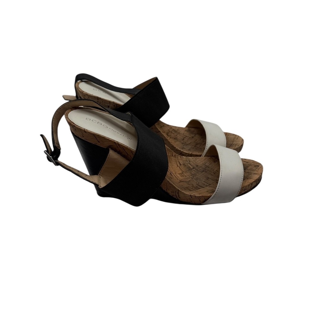 BCBGeneration Heels Women's 7.5B Black Cream Strappy Sandals Cork‎ Platform